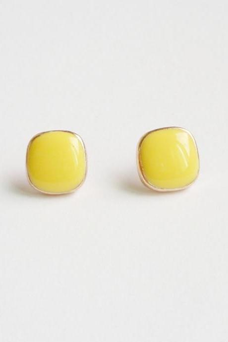 Yellow Square Stud Earrings - Gift under 10