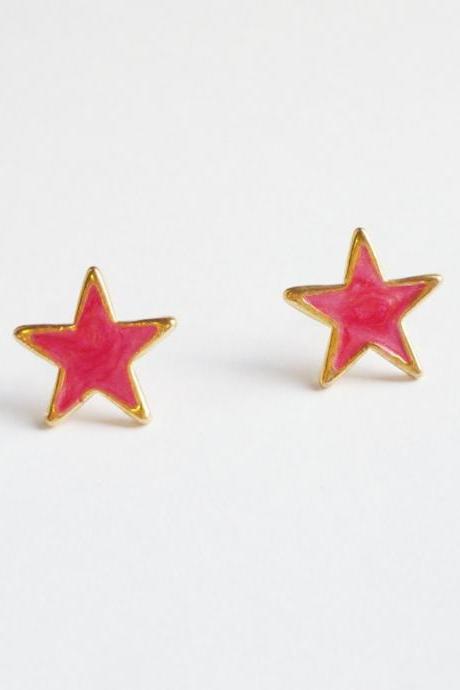 Large Red Star Stud Earrings - 14 mm - Gift under 10
