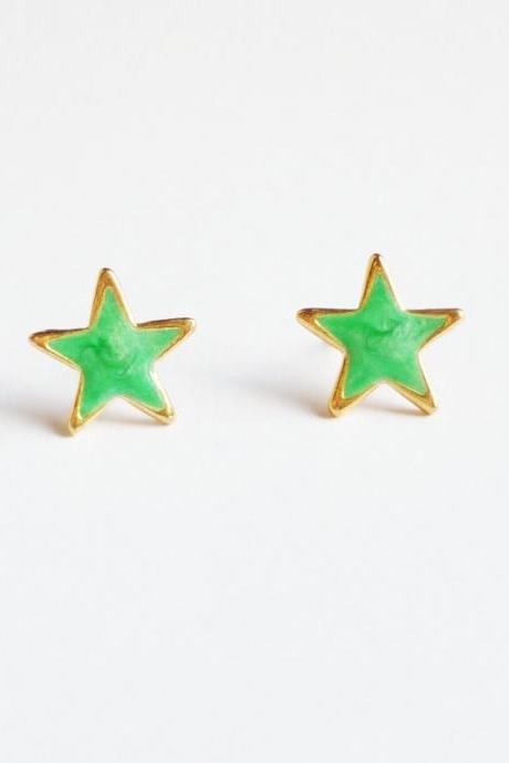 Large Green Star Stud Earrings - 14 mm - Gift under 10