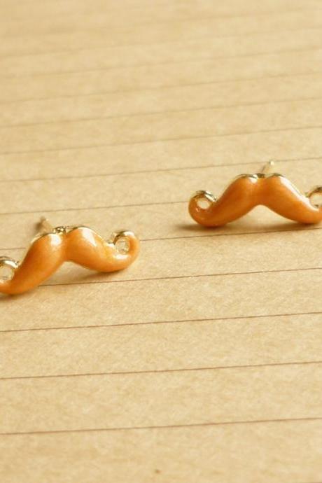 Tiny Orange Mustache Post Earrings - 14 mm - Gift under 10