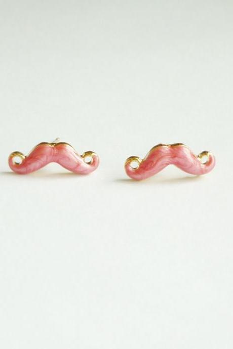 Tiny Pink Red Mustache Post Earrings - 14 Mm - Gift Under 10