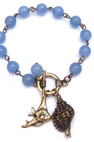 Antiqued Brass Fish Conch Blue Jade Bracelet