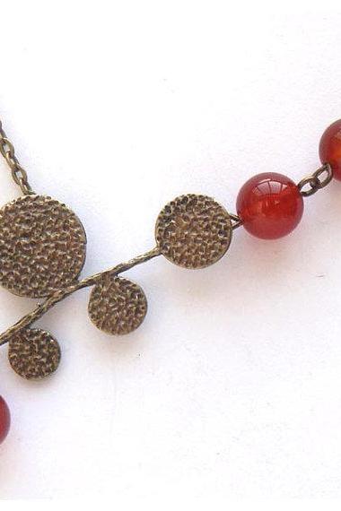 Antiqued Brass Leaf Red Agate Necklace