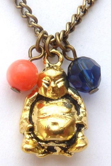 Antiqued Brass Buddha Pink Coral Quartz Necklace