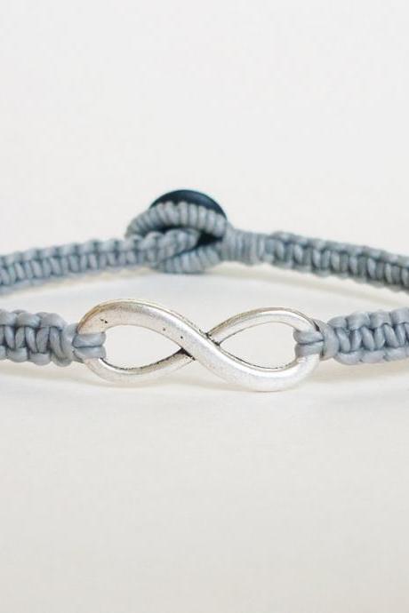Gray Infinity Bracelet - Simple Single Silver Infinity Sign/eight Woven With Gray Wax Cord Bracelet / Wristband - Men Jewelry - Unisex