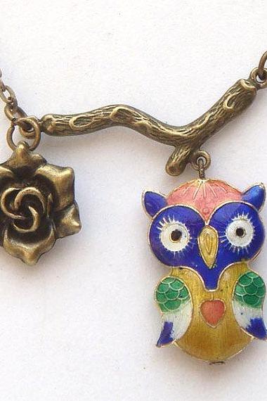 Antiqued Brass branch Flower Owl Necklace