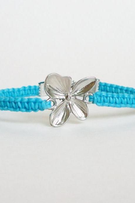  Silver Flower Blue Bracelet - Gift for Her - Gift under 15