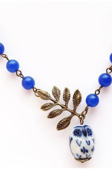 Antiqued Brass Leaf Blue Jade Porcelain Owl Necklace