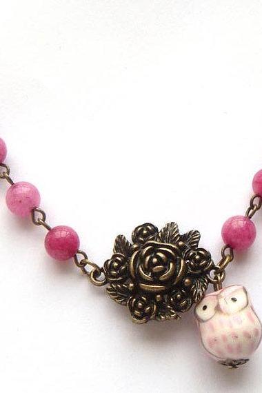 Antiqued Brass Flower Purple Jade Porcelain Owl Necklace