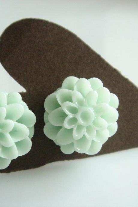 Mint Green Chrysanthemum Flower Bud Stud Earrings