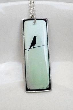 Bird Necklace Pendant in Mint and Black, Silhouette Pendant