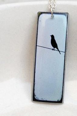 Bird Necklace Pendant in Sky Blue and Black, Silhouette Pendant
