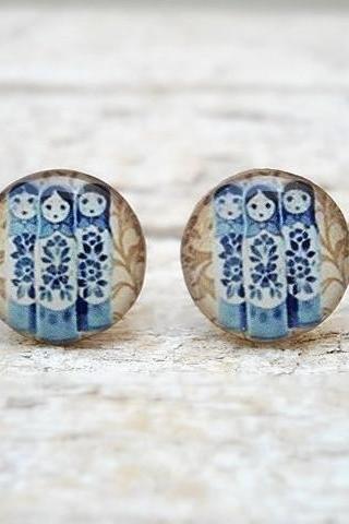 Blue Babushkas art earrings studs posts,Resin earrings, Russian folk doll