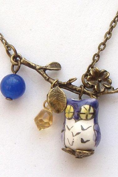 Antiqued Brass Leaf Blue Jade Quartz Porcelain Bird Necklace
