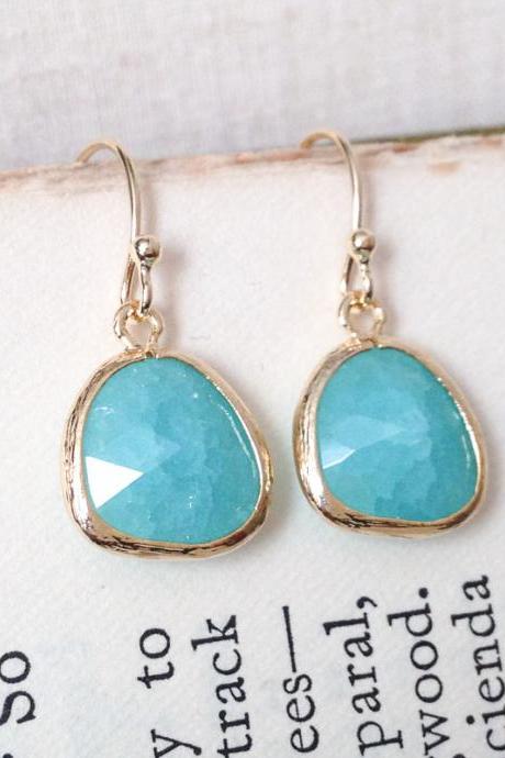 Mint Green Cracked Glass Gold Framed Earrings