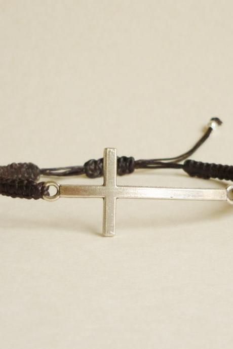 Silver Side Cross Wax Cord Bracelet with Adjustable Style - Gift for Him - Gift under 15 