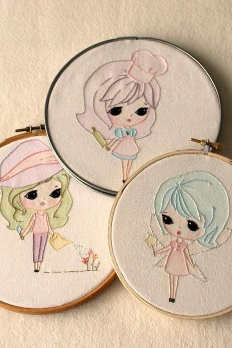Set Of Three Embroidery Pdf Patterns - Fairy, Baker And Garden Girl