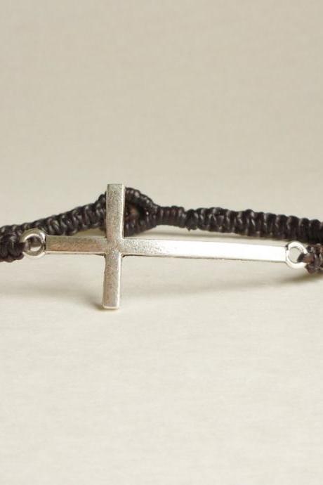 Silver Side Cross Bracelet - Tibetan Silver Side Cross Woven With Dark Brown Wax Cord Bracelet - Men Jewelry - Unisex - Gift Under 15 -