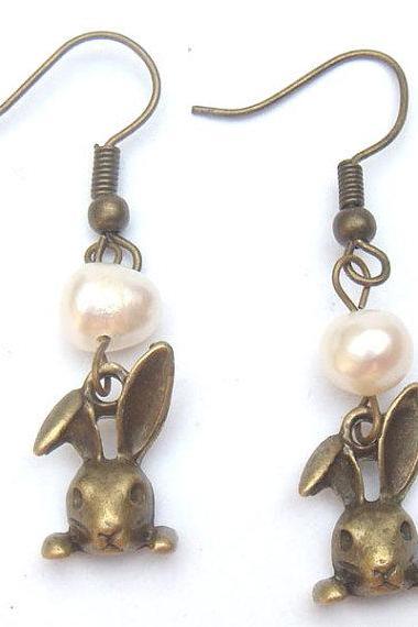Antiqued Brass Rabbit White Pearl Earrings
