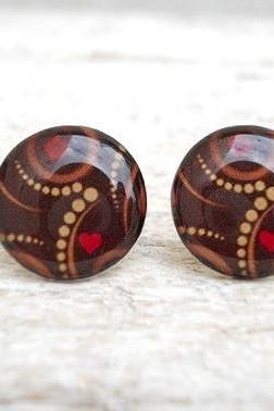 Christmas Earrings, Brown Red Heart, Modern Retro Style, Buy Tree in Special Price