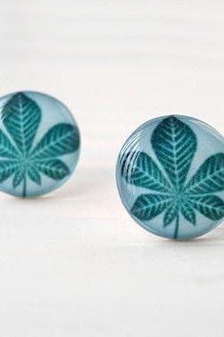 Teal blue botanical earrings posts, Leaf earrings, Chestnut Tree Leaf