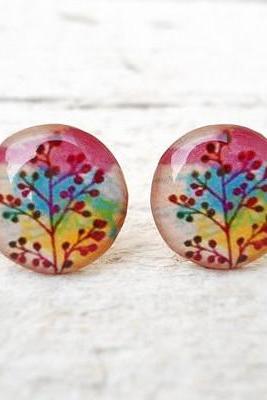  Ear Posts Rainbow Branch in Pink Yellow Green Blue Earrings, Mother's Day