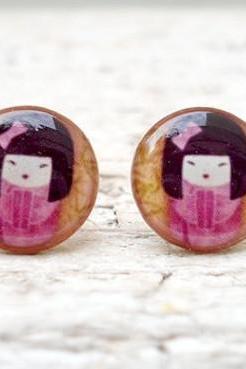 Chinese girl earrings studs posts,Traditional Art jewelry, Pink Brown