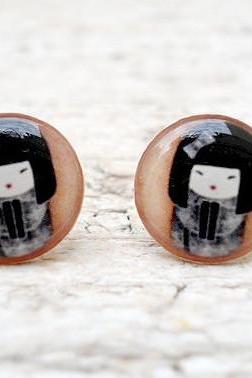 Cute Earrings, Chinese girl earrings studs posts,Traditional Art jewelry, Black Beige