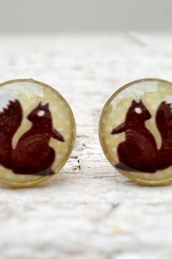 Squirrel earrings studs posts, Brown Green, Woodland Animal Jewelry