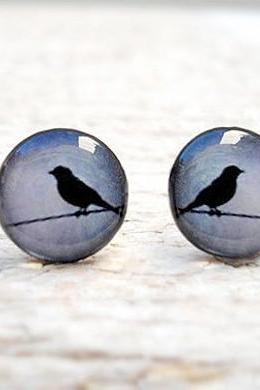 Bird Earrings in Grey Blue Black Ear Studs, Small Bird Ear Posts Earrings, Gift Bridesmaids