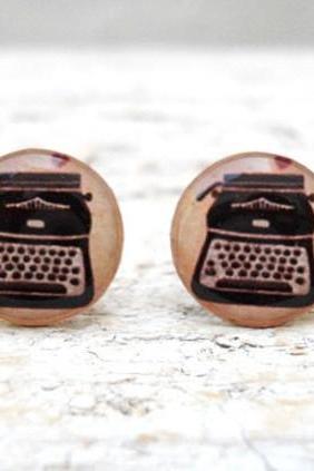 Vintage Typewriter Ear Studs Posts Beige Brown Earrings , Old Jewelry