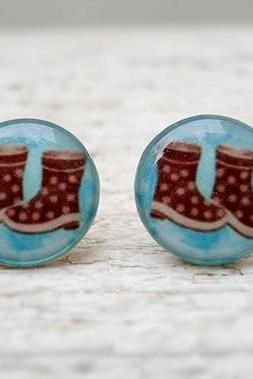 Brown Boots Earrings studs posts,Blue, Winter Trend