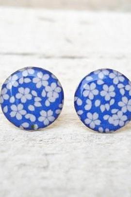 Blue Floral Post Earrings, White Flower Ear Studs, Gift for Her 