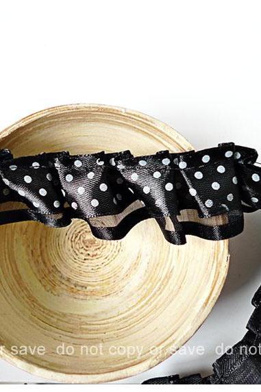 Black polka dot double layered satin ribbon trim - 2yards 