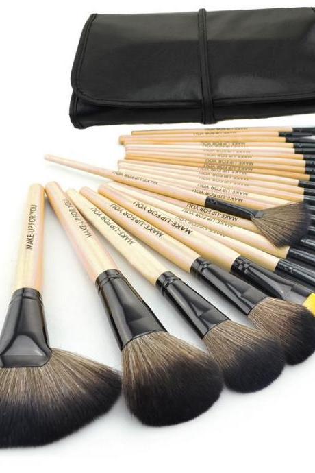 High Quality 24 Pcs/set Makeup Brushes Cosmetic Set Kit Packed In Black Leather Case - Wood
