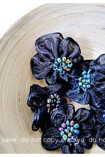 6 Black Satin organza flower with beads in the centered / pack 