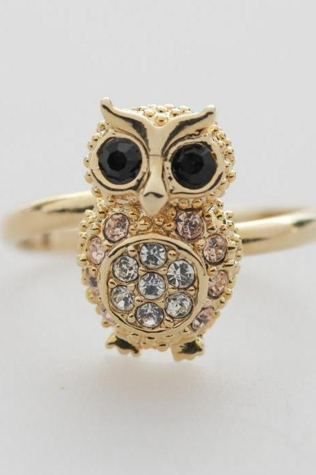 SALE-GOLD Crystals Owl adjustable ring