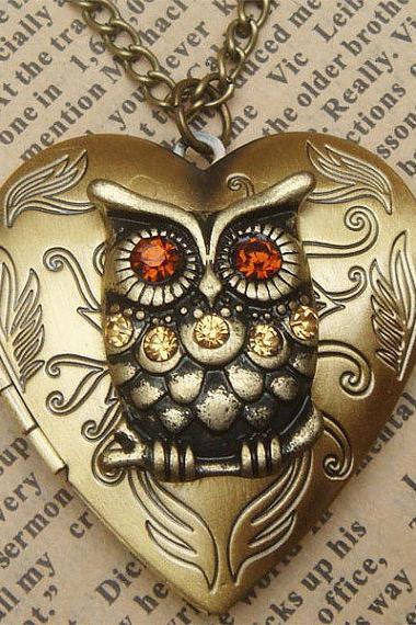 Steampunk Gold Owl Heart Locket Necklace Vintage Style Original Design