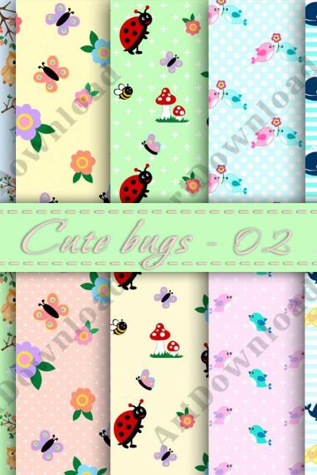 Cute Bugs Digital Paper Paper Pack Digital Scrapbooking Invitation Card For Personal Or Commercial Use