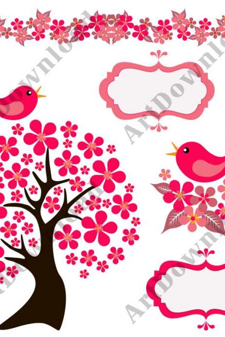 Tree with Birds Clip Art Birds Scrapbooking Digital Clip Art Commercial And Personal Use