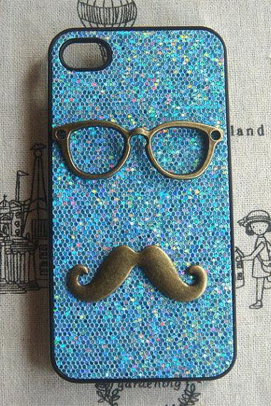 Steampunk Glasses Mustache Blue bling glitter hard case For Apple iPhone 4 case iPhone 4s case cover