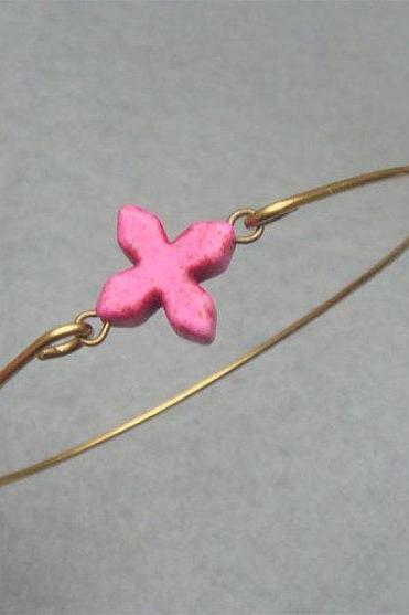 Tiny Pink Turquoise Cross Brass Bangle Bracelet
