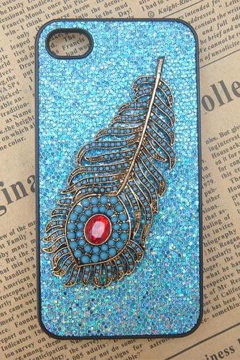 Steampunk Peacock Feather Blue bling glitter hard case For Apple iPhone 4 case iPhone 4s case cover