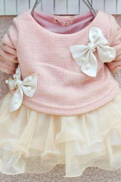 Newborn Girls Pink Dress with Pearl and Bows Ivory Tutu Soft Pink Dresses-Pink Baby Girls Dresses