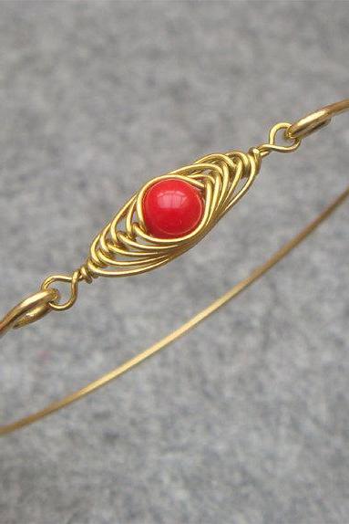 Red Coral Bean Bangle Bracelet