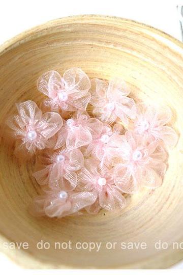 Organza light pink flower with pearl centered / pack 