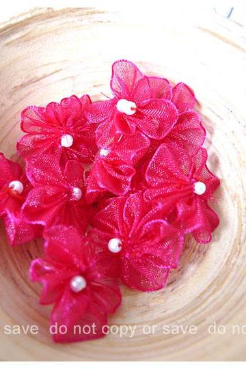 Organza scarlet jewel flower with pearl centered / pack 