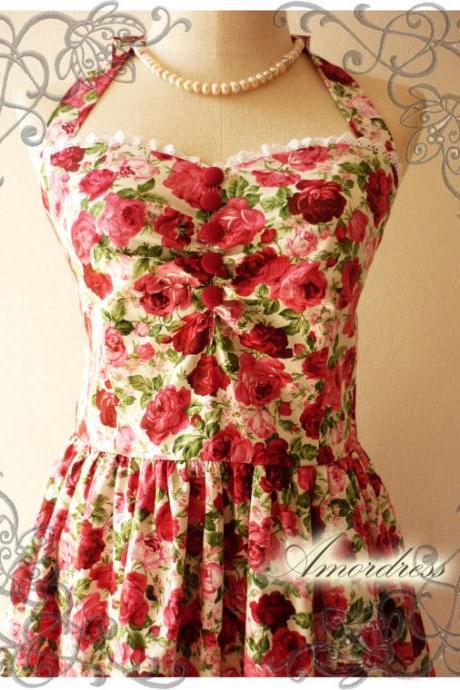 Floral Dress Rose Dress Summer Party Once Upon A Time Vintage Inspired Halter Neck Cerise Pink Red Rose W/ Little White Lace Dress -size S-