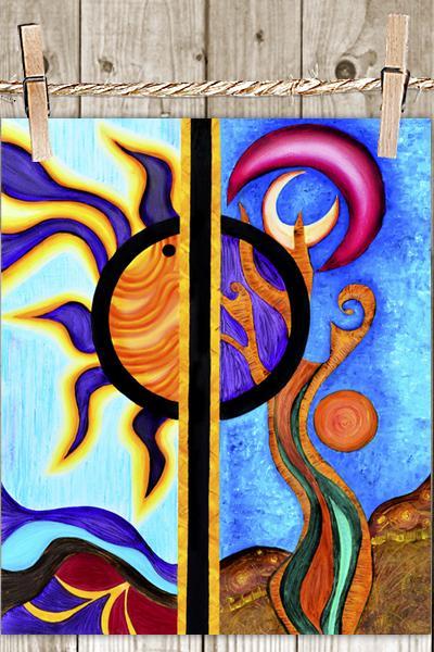Poster Print 8x10 - Multicolor Sun And The Moon - Of Fine Art Painting For Your Wall Decor