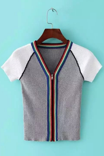 Summer new V-neck zipper short paragraph waist short-sleeved knit cardigan